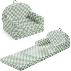 Blissful Diary Kids Couch, 2-in-1 Soft Kids Sofa, Kids Sofa Chair, Comfy Kids Furniture for Playroom, Reading & Play, Checkered Sage