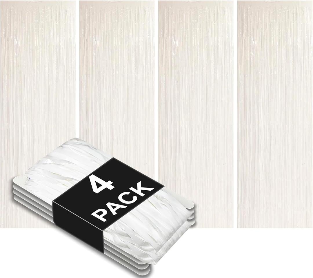 Allgala 4 Pack White Metalic Tinsel Party Photo Backdrop Curtain 3.3 x 9.8 FT (1x3M) Photo Booth Background Curtains Door Fringe Dcor Party Streamer for Birthday Graduation New Year Eve