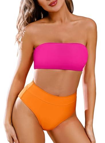 Pink Queen Women's Sexy 2 Piece Strapless Bikini Top High Waisted Cheeky High Cut Bathing Suit Swimsuit Pink Orange XL