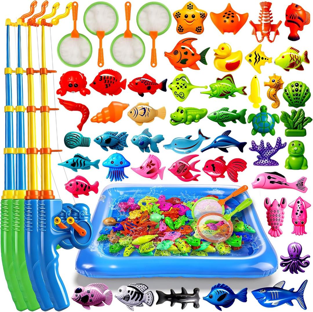 CozyBomB Magnetic Fishing Toys Game Set for Kids | Water Table Bathtub Kiddie Pool Party Pole Rod Net, Outdoor Plastic Floating Fish, Toddler Bath Color Ocean Sea Animals Birthday Gift Age 3-5 6 4-8