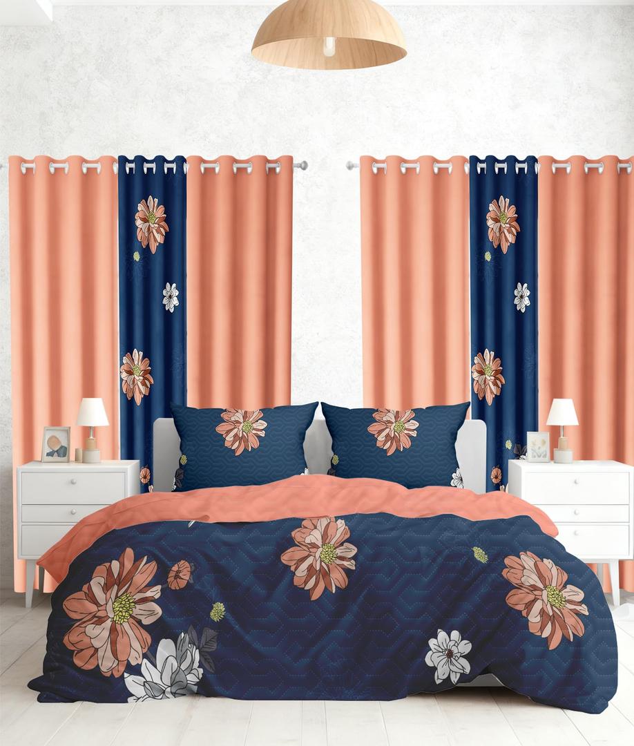 Reylox Bedding Set with Matching Curtains Navy Red Floral Bed in A Bag,