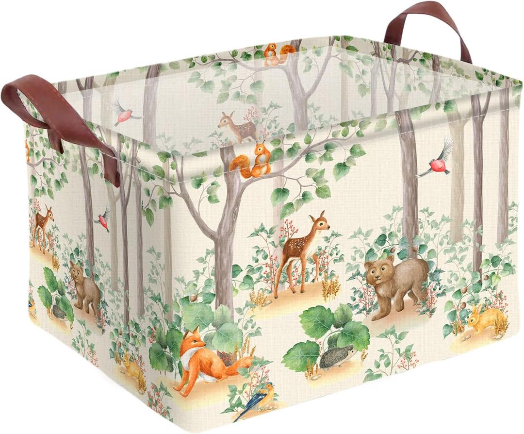 Woodland Animal Storage Basket Waterproof Canvas Toy Storage Bin Home Forest Decor Collapsible Outdoor Basket with Leather Handles Woodland Decor Blanket Baskets For Closets ,Bedrooms, Gifts Baskets