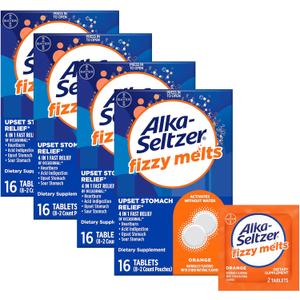 Alka-Seltzer Fizzy Melts, Dissolve on Tongue, No Water Needed, On-The-Go Dietary Supplement Antacid Tablets, for Relief of Occasional Heartburn and Acid Indigestion*, Orange Flavor, 64 Count Alka-Seltzer Fizzy Melts, Dissolve on Tongue, No Water Needed, On-The-Go Dietary Supplement Antacid Tablets, for Relief of Occasional Heartburn and Acid Indigestion*, Orange Flavor, 64 Count