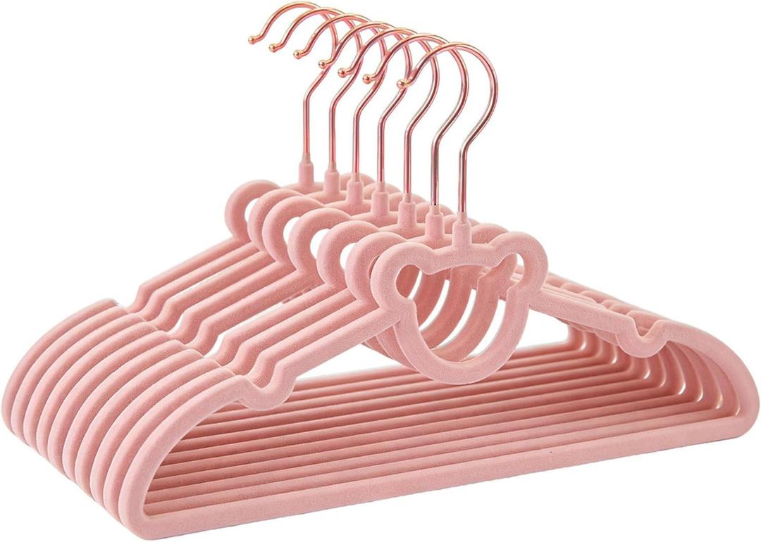 60 Pack Pink Velvet Kids Clothes Hangers - 12.6in for Ages 4-10, with Cute Bear, Rotating Rose Gold Hook, Non-Slip, Space-Saving Slim Felt Hangers for Toddler Coats, Jackets, Dresses