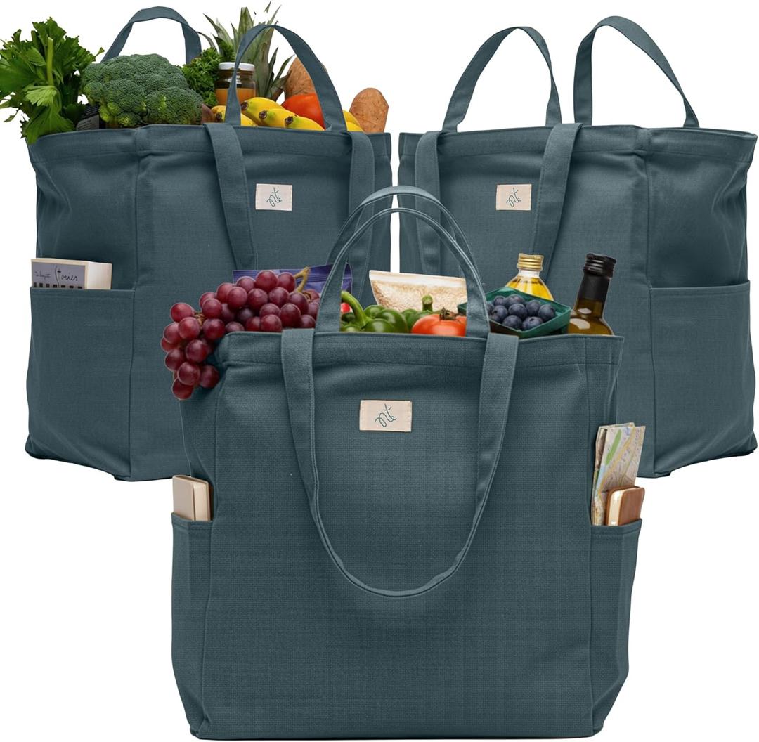 Nook Theory 3-Pack Reusable Grocery Bags - Heavy Duty, Large 12 Oz Cotton Canvas Reusable Shopping Bags With Pockets, 100% Cotton Cloth Grocery Totes, Foldable Multi Compartment (Ocean)