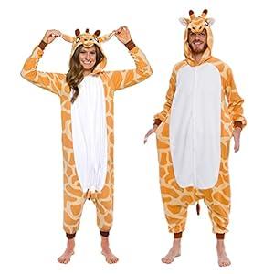 Funziez! Adult Onesie Halloween Costume - Animal Dinosaur Shark - Unisex Plush One Piece Cosplay Suit for Adults, Men and Women (X-Large, Giraffe)