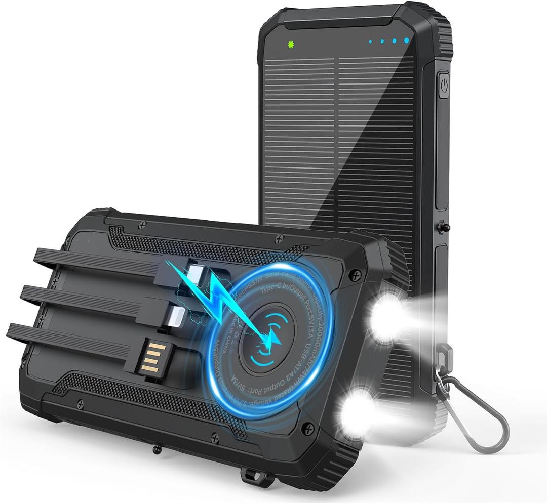 Solar Power Bank 20000mAh Wireless Portable Charger Built-in 3 Cables 15W USB-C Fast Charging Black Battery Pack Compatible with iPhone, Samsung, Emergency LED Flashlights Perfect for Camping, Hiking