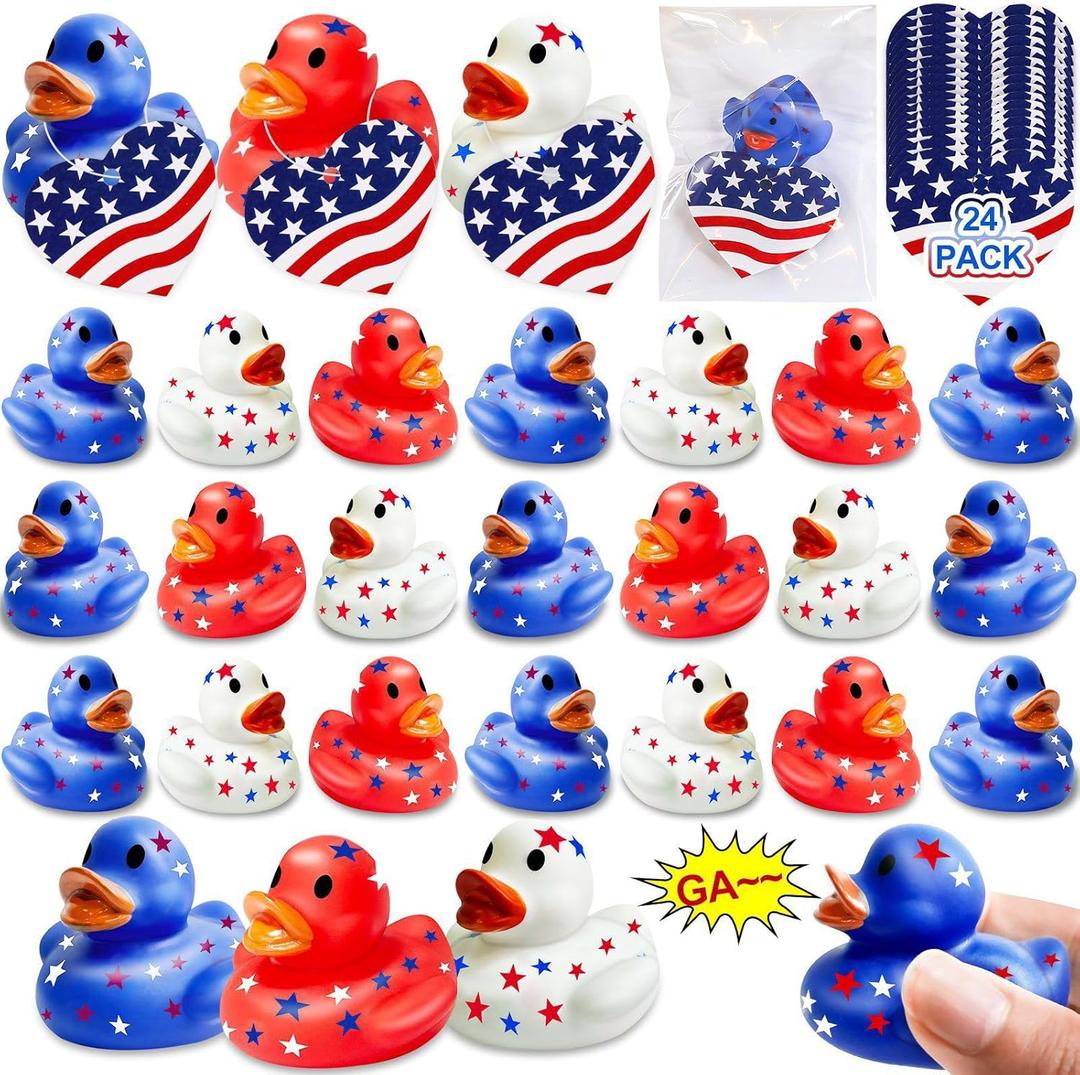24 Pack 2'' Patriotic Rubber Ducks with Cards 4th of July Party Favors 250th Anniversary Baby Bath Toys Mini Duck Squeeze Squeak Summer Beach Pool Fourth July Supplies Red White Blue Gift Memorial Day