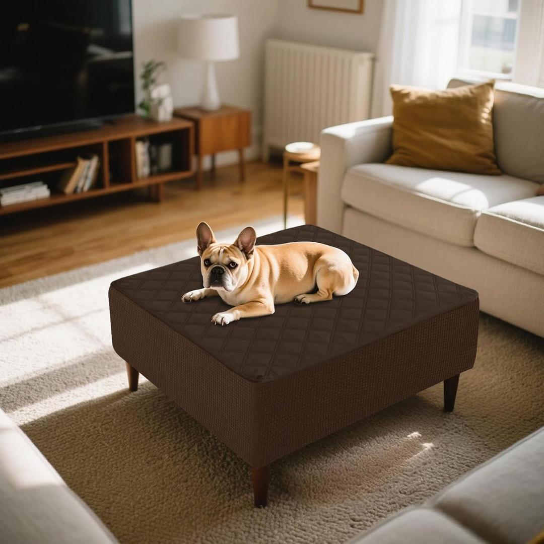 Quilted Ottoman Cover Waterproof Footrest Sofa Slipcovers Stool Cover Foot Stool Protector Covers with Nonslip Lace Up (Cafe,Square L33-37, W33-37 in)