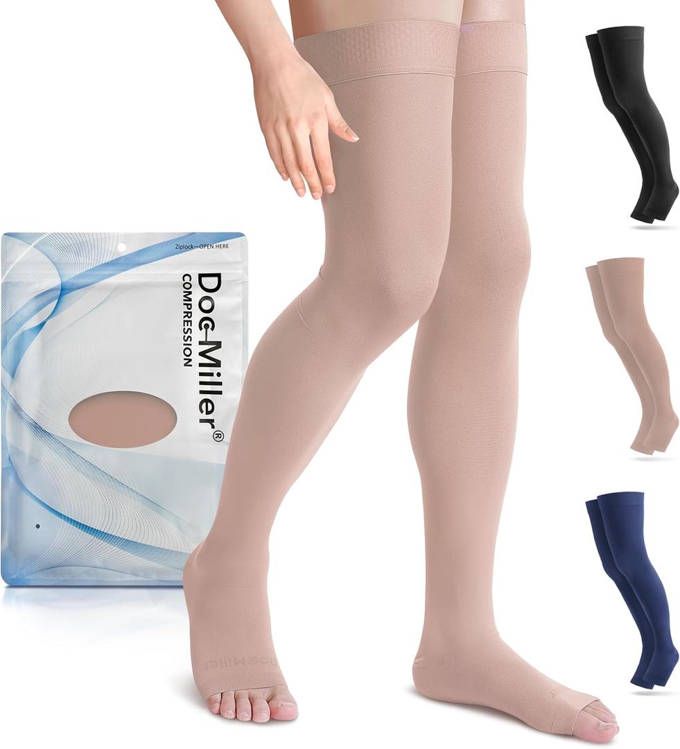 Doc Miller Thigh High Open Toe Compression Stockings 15-20mmHg for Varicose Veins, Pregnancy Support Open Toe Thigh High Compression Socks for Women and Men (X-Large, Beige)