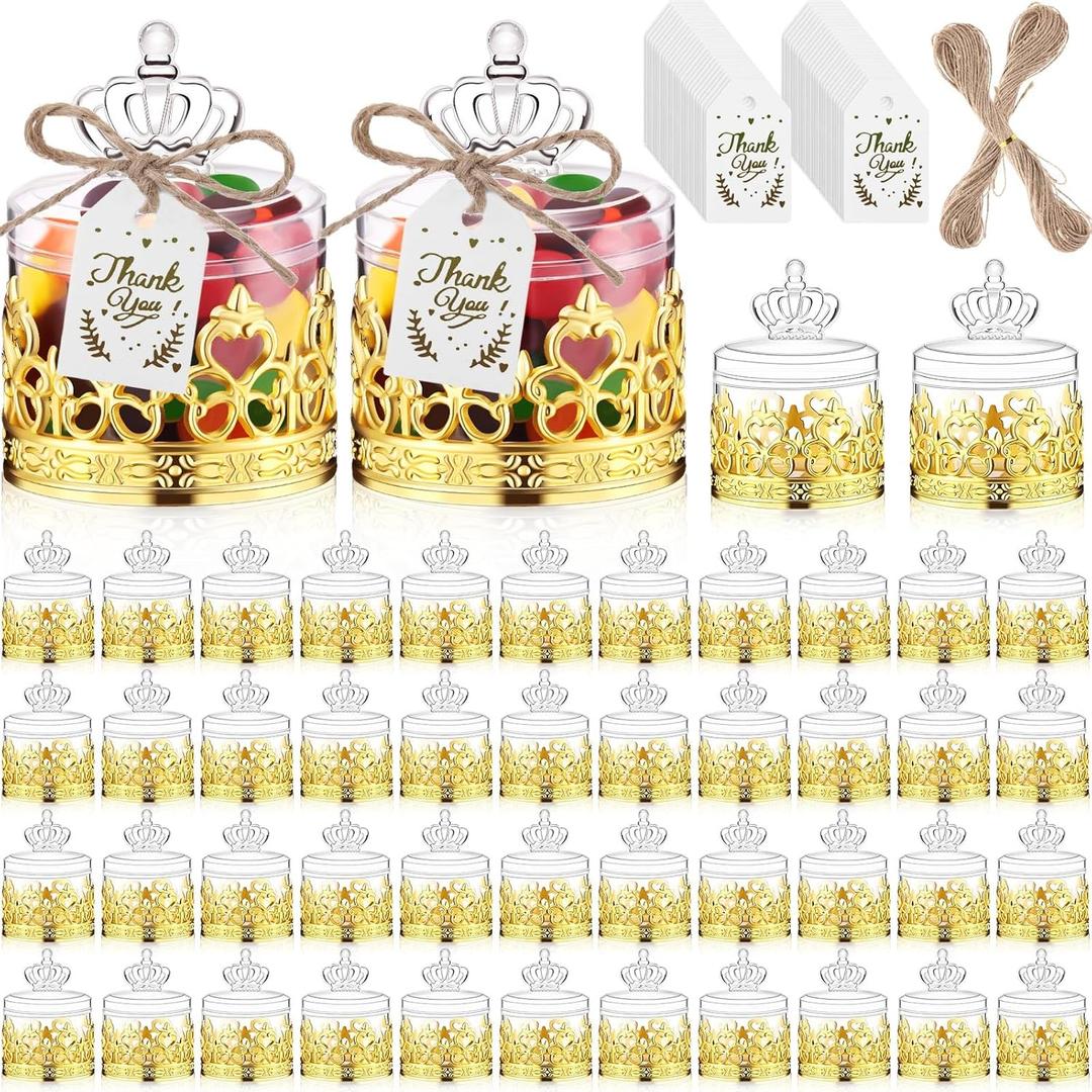 60 Sets Mini Crown Candy Boxes with Thank You Tags and Twine Plastic Candy Containers Storage Boxes Decorative for Wedding Baby Shower Party Princess Birthday Supplies (Gold)