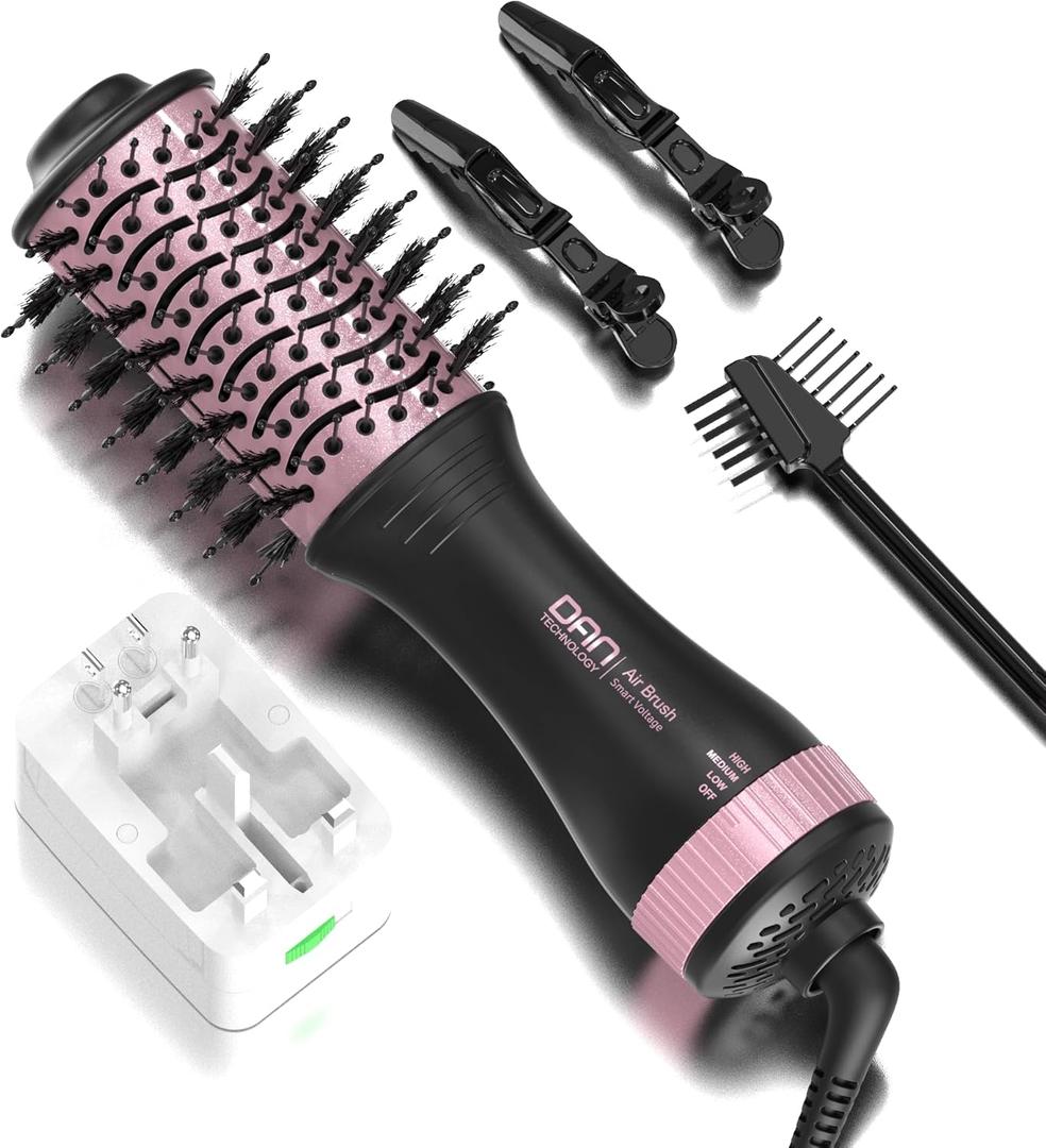 DAN (100V-240V) Auto Dual Voltage Hair Dryer Brush,Travel Hair Dryer Brush with Multi-Function Plug Adapter,Mini Blow Dryer Brush for Home and International Travel (Black)