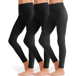 3 Pack Girls Black Athletic Leggings, Printed Ankle Length High Waisted Yoga Pants for Kids Teen (Large)