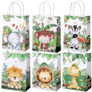 TaoBary Safari Party Favors Animal Goodie Treat Bags with Handles Lion Tiger Elephant Monkey Giraffe Gift Bags for Kids Safari Themed Party Birthday Baby Shower Supplies(24 Pcs,Watercolor Style)