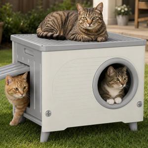 Plastic Outdoor Cat House, Extra Large Insulated Feral Cat Shelter Outside with Escape Door & Elevated Feet, Waterproof Weatherproof Cat Cave for Stray Cats Small Pets, Gray