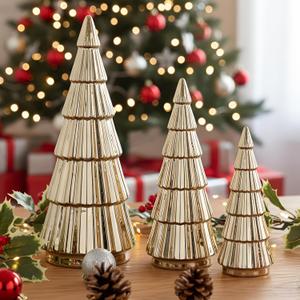 Wesiti 3 Pieces Gold Ceramic Christmas Tree Figurines Tabletop Small Decorative Xmas Tree Desktop 6.3" & 8.1" & 10.2" Tall Holiday Table Centerpieces for Office Home Mantle Shelf Cabinet Decor Indoor