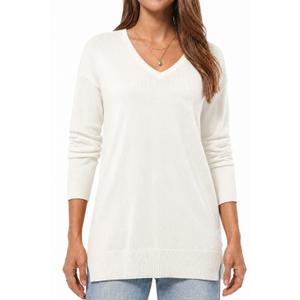 QUALFORT Women's V Neck Tunic Sweater Lightweight Long Sleeve Pullover (L)