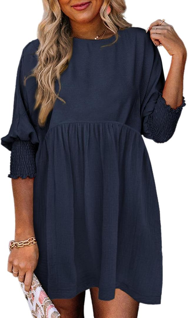 Dokotoo Womens Fall Dresses Casual Tunic Dress Short Sleeve Crew Neck Flowy Babydoll Dress (XX-Large, Navy Blue)