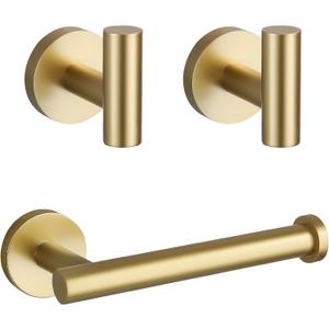 TURS Toilet Paper Holder 2 Towel Hooks Brushed Gold SUS304 Stainless Steel 3-Pieces Bathroom Accessories Kit Wall Mounted