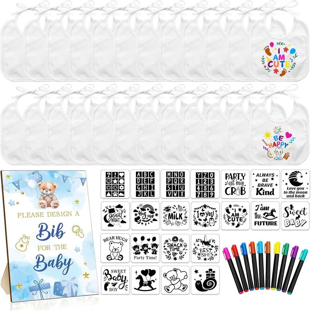 Newwiee 55 Pcs White Bibs for Baby Decorating Design a Bib Decorate Plain newborns Bibs Wooden Sign for Baby Shower Games Kit