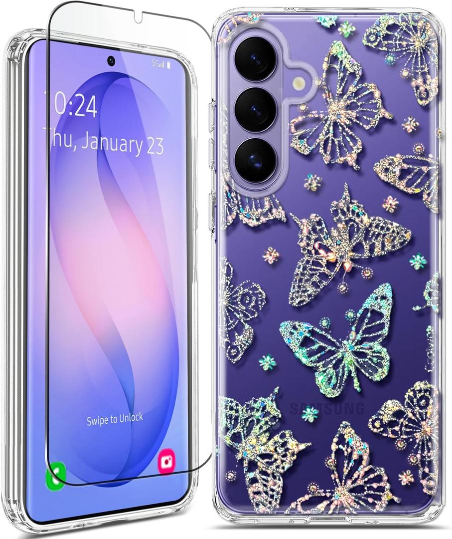 Clear Glitter for Samsung Galaxy S26 Plus Case 6.7 inch, Shockproof Flower Slim Cute Butterfly Bling Women Hard Back Soft TPU Bumper Protective Cover for Samsung S26 Plus Screen Protector