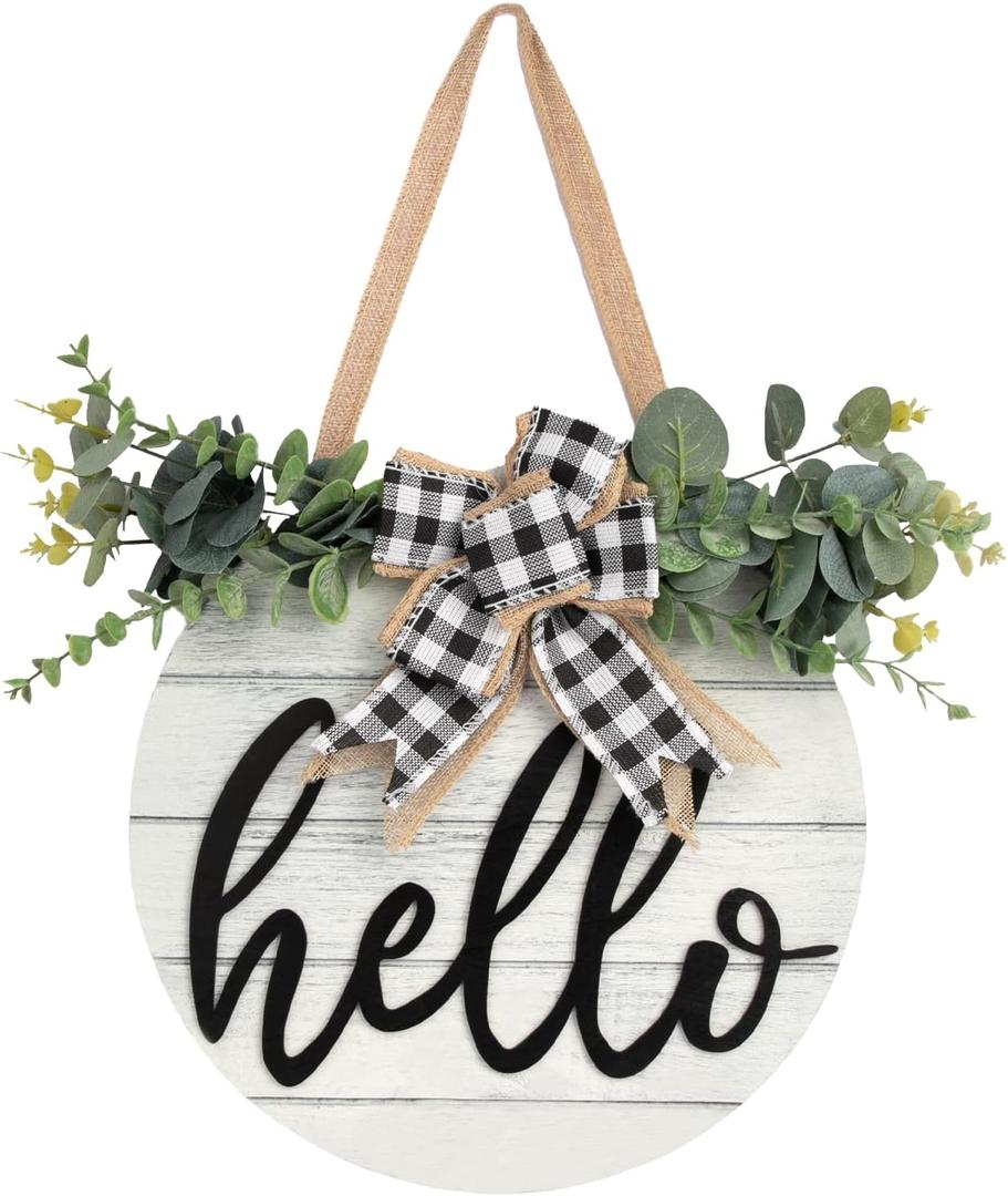 3D Hello Spring Wreaths for Front Door | White Horizontal Round Wreaths | Housewarming Gift | Farmhouse Wood Door Hanger for Home Decor Indoor and Outdoor, Classroom, Yard, Porch Decor
