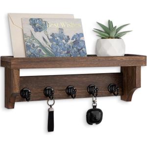Key and Mail Holder Wall Mount, Key Holder with Shelf and Mail Organizer Wall Mount. Mail Holder with 5 Hooks for Coat, Dog Leash, Home Decor Rack, Entry Way Organizer (Brown)