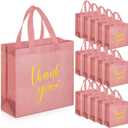 Sweetude 30 Pcs Thank You Gift Bags with Handles, Reusable Non Woven Foldable Goodie Bags Bulk for Graduation Teacher Appreciation Wedding Bridesmaid Favors(11 x 12 x 5 Inch,Leather Pink)