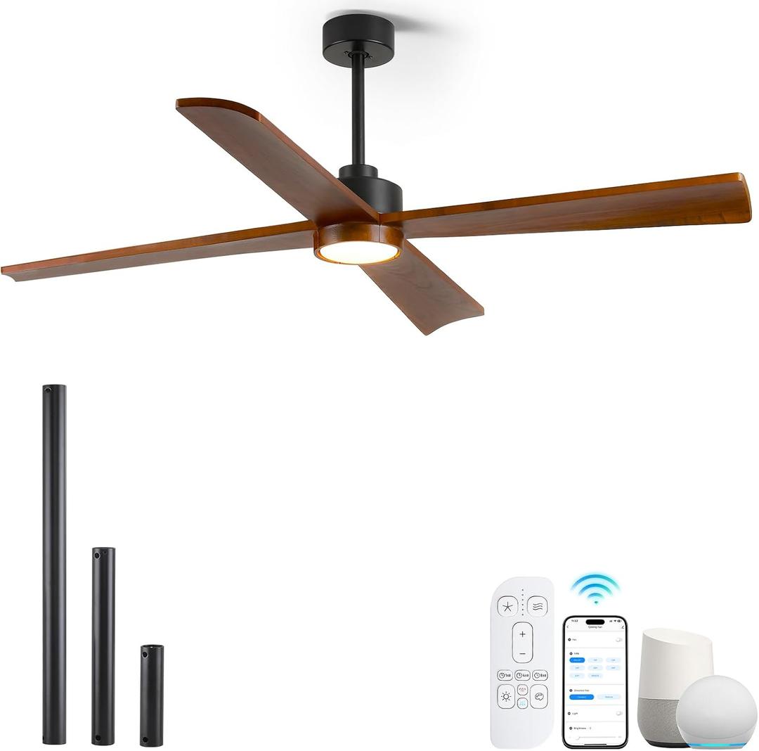 52" Outdoor Smart Ceiling Fan with Lights for Patio, Damp Rated Walnut Wood Blades, Alexa Wifi Remote Contral, High CFM Quiet DC Fan, 3 Long Dowmrod for Sloped/Tall Ceiling, Porch Garage Living Room