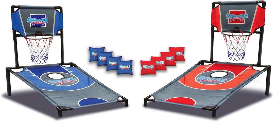 Sports Basketball Net Cornhole Board Set, Basketball & Cornhole in One, Includes 8 Red/Blue Bean Bags, Convenient Carrying Case, Tailgating Fun