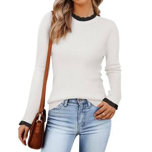 ZESICA Womens Long Sleeve Ruffle Sweaters 2026 Spring Crewneck Color Block Slim Fit Basic Casual Knit Pullover Sweater Tops, M