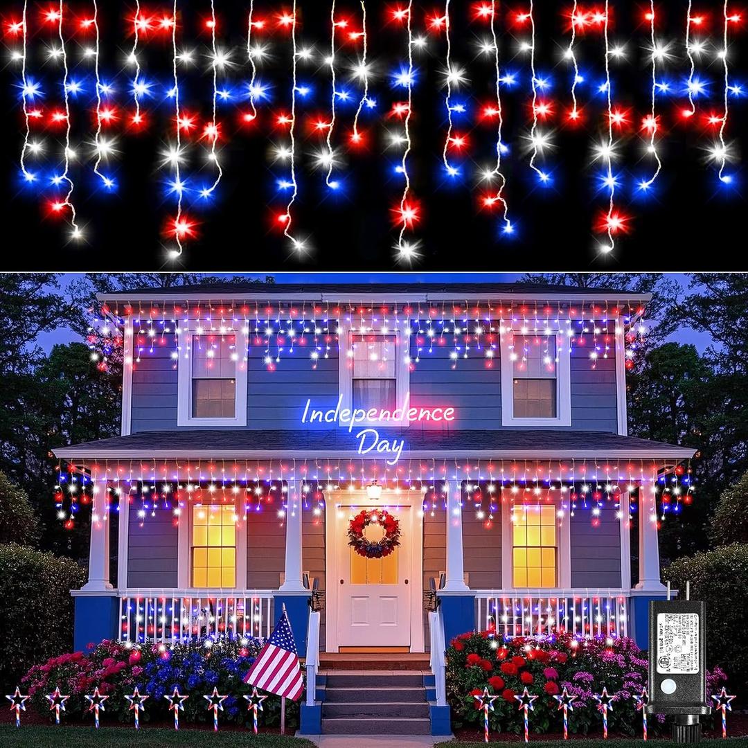 Red White and Blue Christmas Lights for Outdoor Decorations, 33ft Icicle Lights for Outside, 400 LED Christmas Light Outdoor Indoor with 120 Drops Clear Wire Connectable for Holiday Red White and Blue Christmas Lights for Outdoor Decorations, 33ft Icicle Lights for Outside, 400 LED Christmas Light Outdoor Indoor with 120 Drops Clear Wire Connectable for Holiday