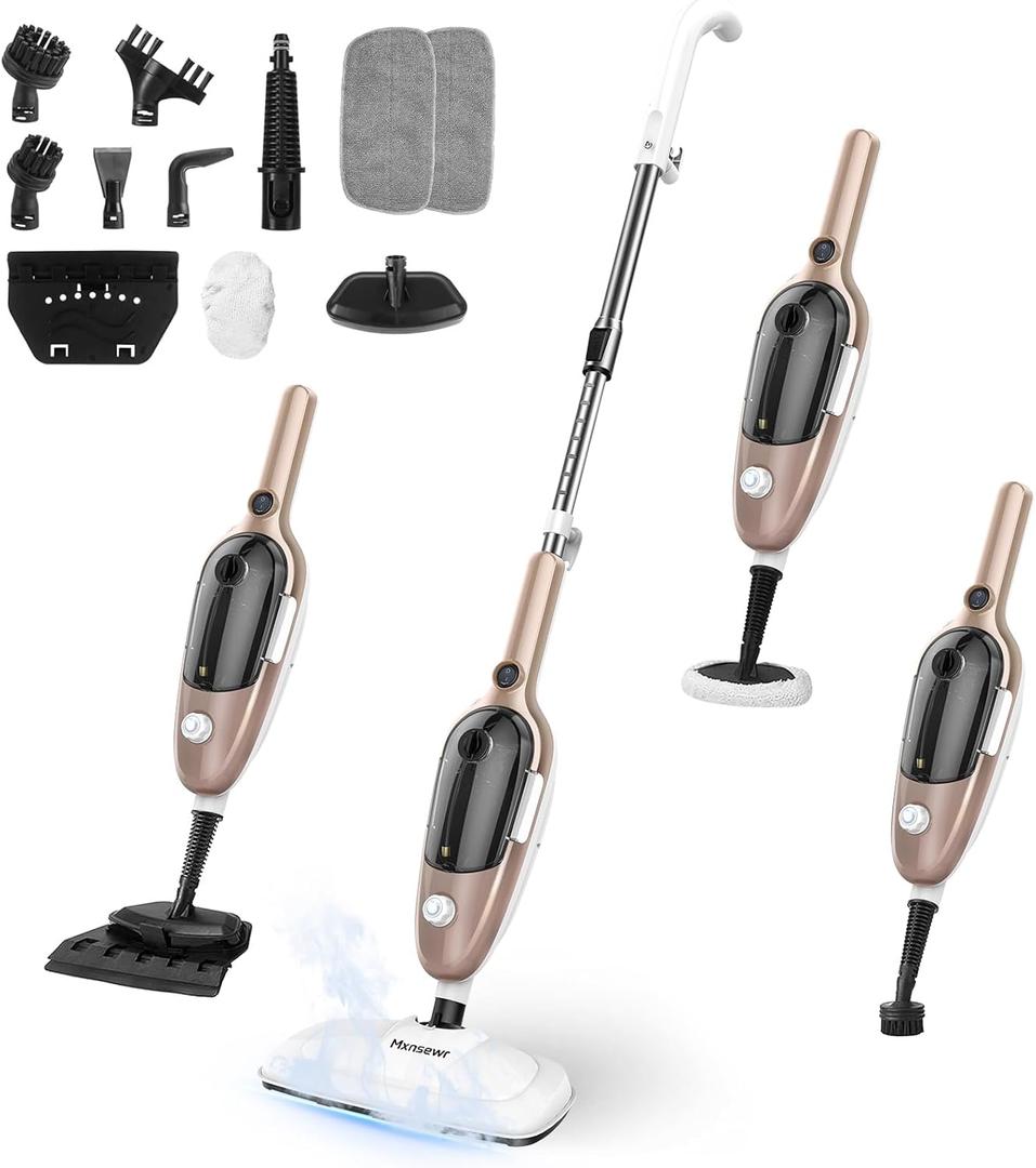 Steam Mop - All-in-one Powerful Handheld Steam Cleaner Detachable Floor Steamer with 11 Accessories, MultiPurpose Steamer for Hardwood Floors, Clothes, Windows, Tiles, Carpet, Whole Home Use, Rose Gold