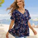 YESNO Women's Summer Tops Casual V Neck Babydoll Blouses Floral Short Sleeve Peplum Shirts TH2 (L)