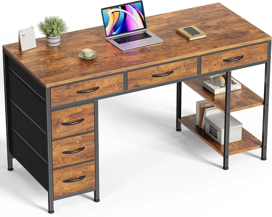 Huuger Computer Desk with 6 Drawers, Office Desk with Shelves, Reversible Gaming Desk, Corner Desk with Storage, Work for Home Office, Study, Living Room, 47inch, Rustic Brown