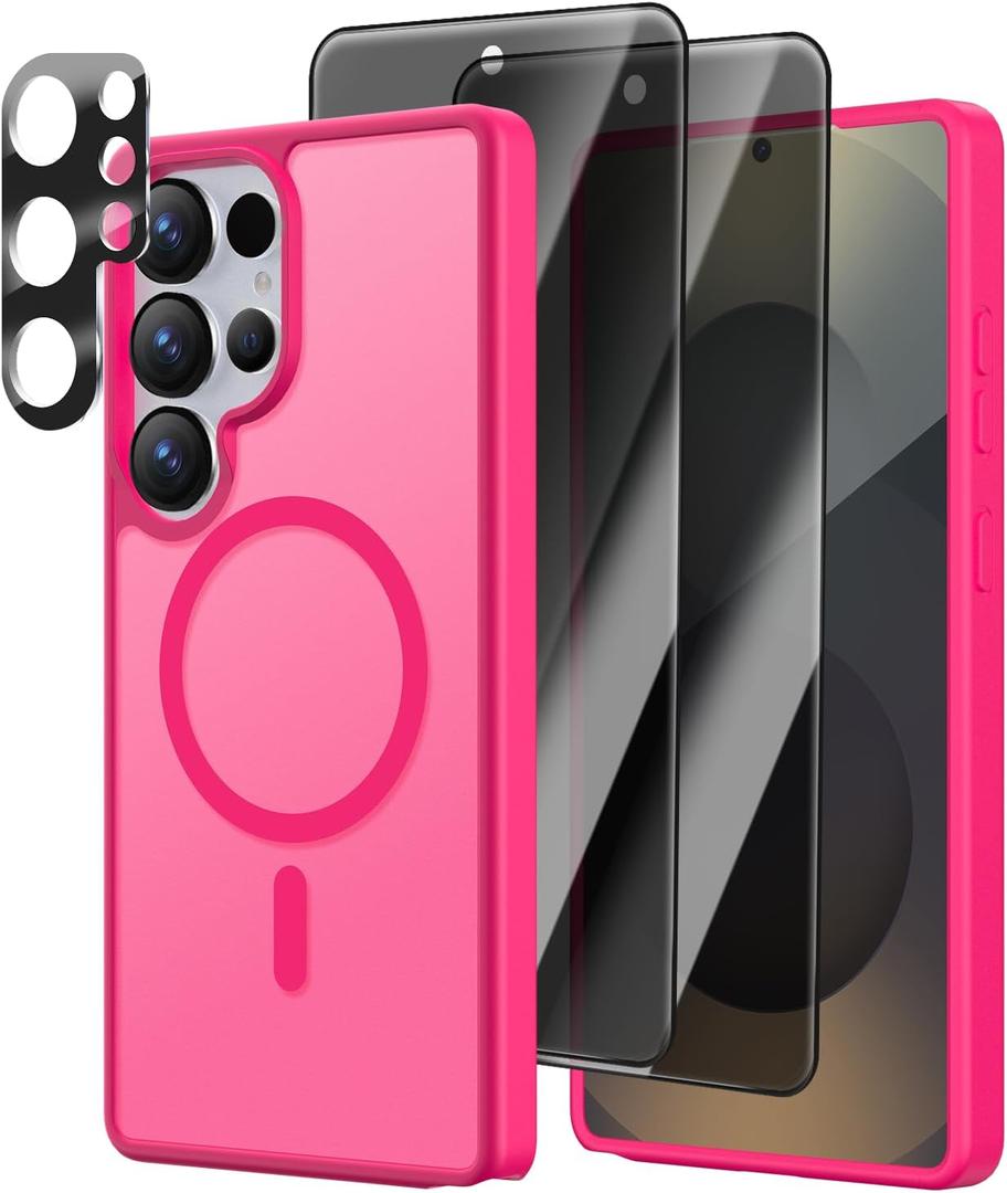 [4 in 1] Magnetic for Samsung Galaxy S25 Ultra Case, 2 Pics Privacy Screen Protectors and 1 Pic Camera Protector, Fit for MagSafe, Military Grade Shockproof Translucent Matte S25 Ultra Cover, Hot Pink