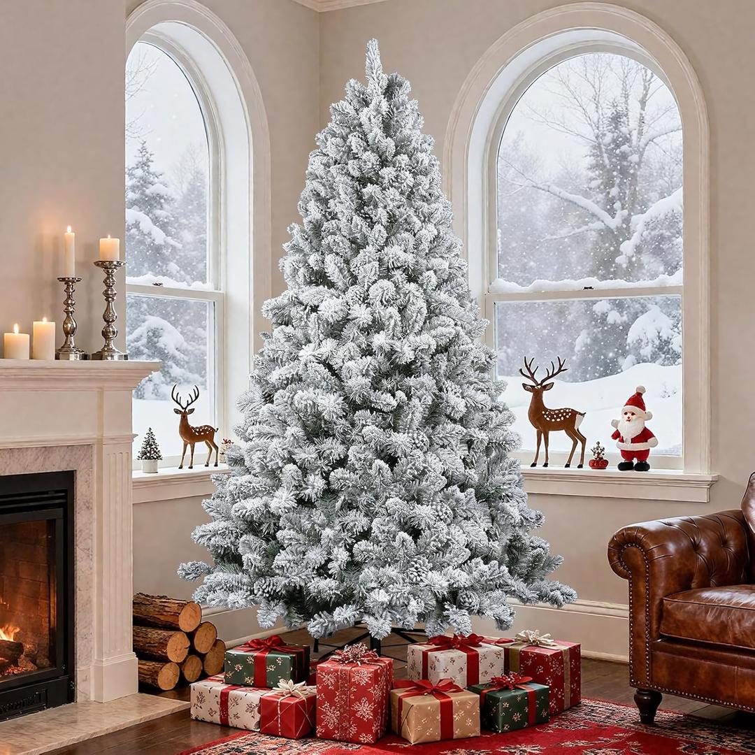 6 FT Snow Flocked Artificial Full Christmas Tree, Unlit Pine Christmas Tree with 760 Branch Tips and Foldable Base, Hinged Holiday Tree for Home, Party Decoration (Unlit Green-White, 6FT)