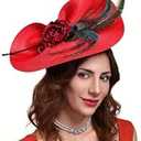 Cizoe Fascinators for Women Derby Headpiece Tea Party Hats with Veil Wedding Headware Bridal Headpiece(Red)