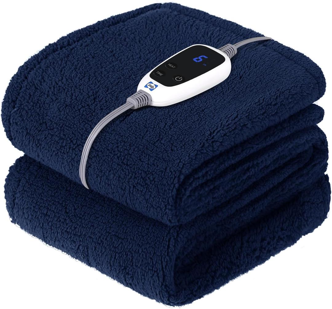 Sealy Electric Blanket Heated Throw 50"x60" Soft Double Sherpa Super Cozy with 6 Fast Heating Levels & 2-10 Hours Auto-Off, Over-Heat Protection, Machine Washable, Navy Blue