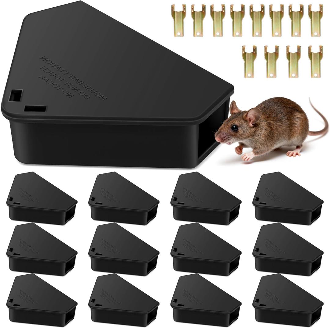 12 Pack Mice Bait Stations with Keys, Mouse Stations, WeatherResistant Mouse Station Box for Indoor Outdoor Keep Rat Mice Away Pets Safe, Dual Entry Tunnel, Black