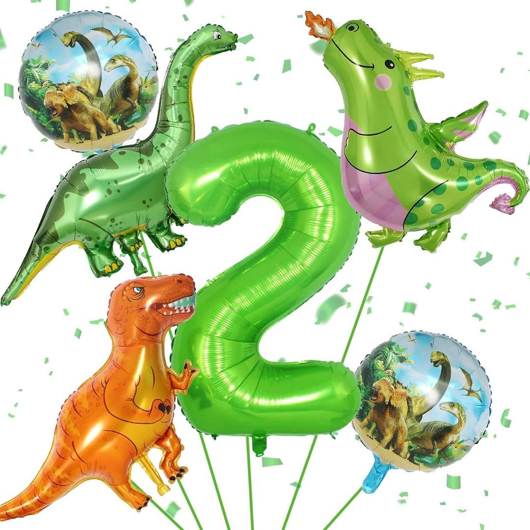 Dinosaur Balloons 2nd Birthday Decorations, Dinosaur Birthday Party Decorations with Giant Inflatable Dino Balloons 40 Inch Helium Foil Mylar Number 2 Balloon for Dino Theme Bday Party Decoration