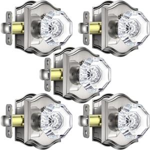 5 Pack Crystal Door Knobs Interior with Lock, Modern Octagon Glass Door Knobs, Satin Nickel Crystal Doorknobs with Lock for Bedroom, Glass Bathroom Doorknob