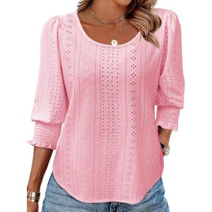 Tankaneo Womens 3/4 Length Sleeve Ladies Tops and Blouses Casual Eyelet Top Crewneck Dressy Shirts with Smocked Cuffs 2025 (M)