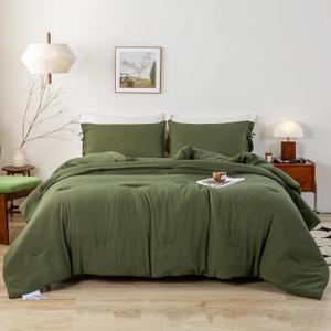 7 Piece Solid Softness King Bed Sets with Sheets and Comforter, Elegant Natural Polycotton Bed in a Bag with 16" Pocket Fitted Flat Sheet Pillow Case Lightweight All Season, Olive Green King
