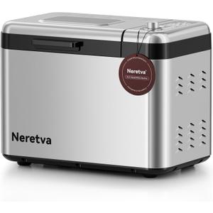 Neretva Bread Maker, 3.3LB Larger Bread Machine 15-in-1 Stainless Steel & Nonstick Ceramic Pan & Auto Nut Dispenser Breadmaker Machines Full Touch Panel with Gluten Free White Wheat Rye French Pizza (Silver)