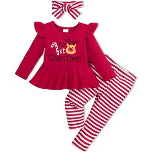 Toddler Baby Girl Clothes Infant Girl Outfits Fall Ruffle Floral T-Shirt Top Pants Set Winter Spring Clothes Size 3-4T (Red)