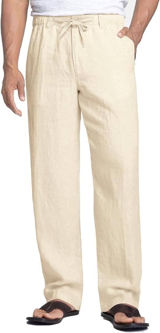 COOFANDY Men's Linen Pants Casual Beach Summer Pant Elastic Waist Drawstring Lightweight Trousers (Medium)