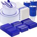 WELLIFE 700 Pcs Blue Plastic Plates for 100 Guests - Plastic Dinnerware Set,Party Supplies Includes 200 Blue Plates,300 Disposable Silverware,100 Napkins,100 Cups