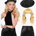 3 Pcs Halloween Singer Costume Wavy Blonde Wig Sequins Fedora Hat Shorts for Party Cosplay Music Festival Concert Size S