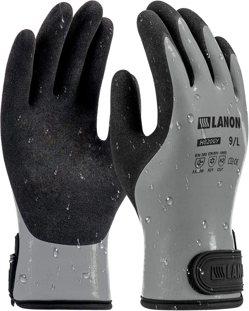 LANON Waterproof Winter Work Gloves, Double Latex Coated, Thermal Insulated Freezer Gloves for Cold Weather, Heavy Duty, Non-Slip Grip, Wrist Closure, Grey, 10/XL